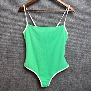 Wild Fable Green Textured Ribbed One Piece Swimsuit White Trim Womens XL